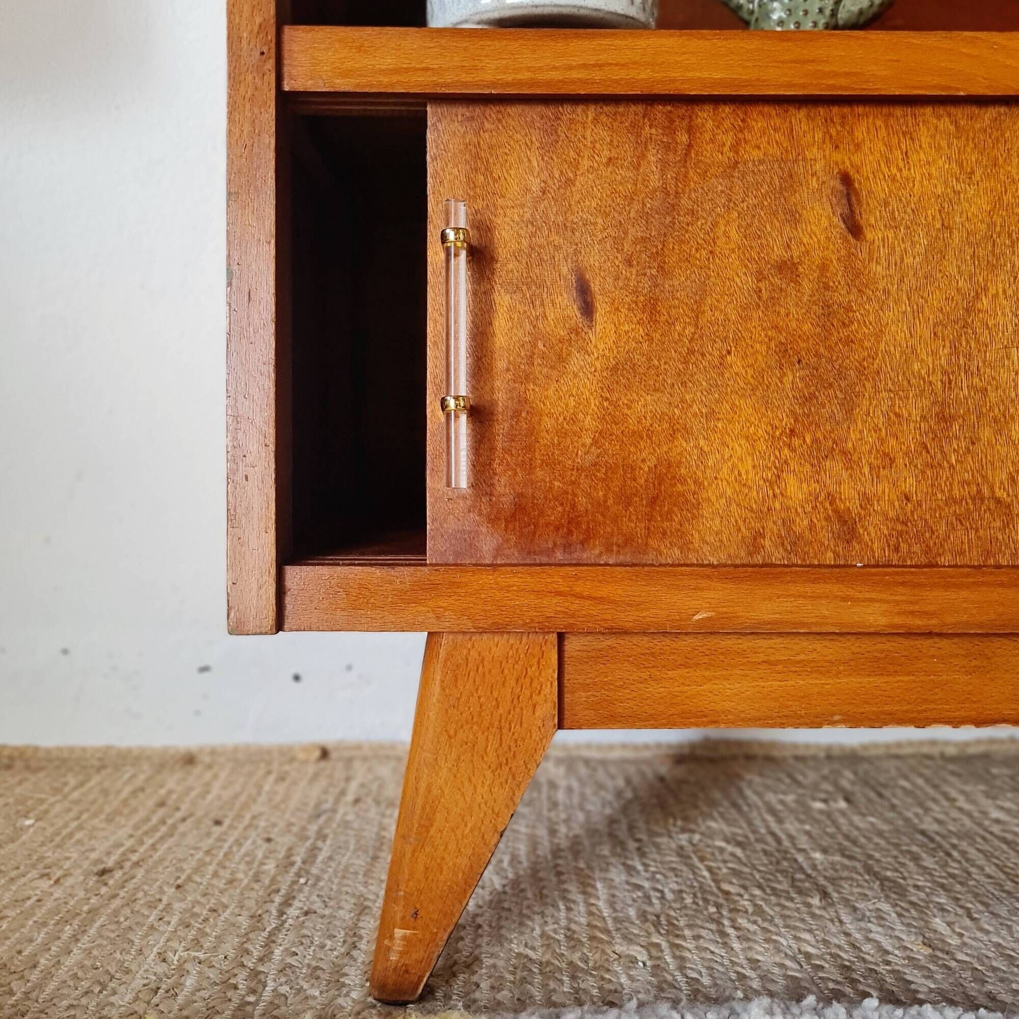 Vintage 1950s wooden secretary with tapered legs and mint interior.