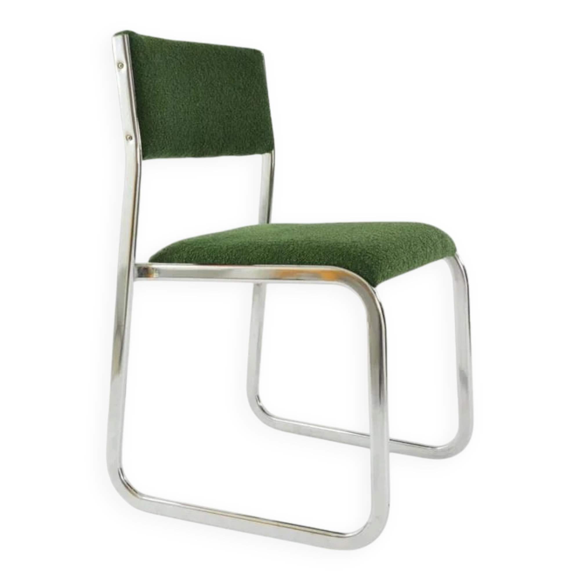 Chrome metal sled chair with green fabric