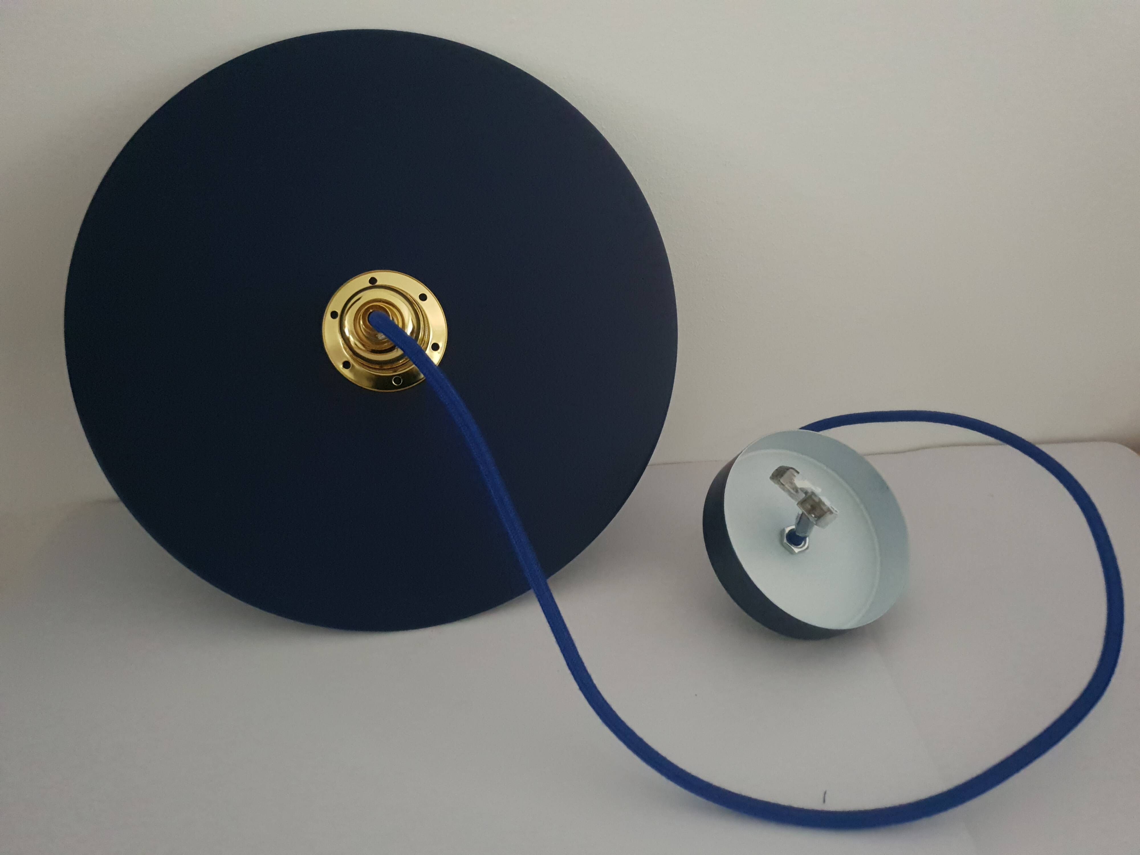 Midnight blue painted metal disc pendant light - blue textile cable