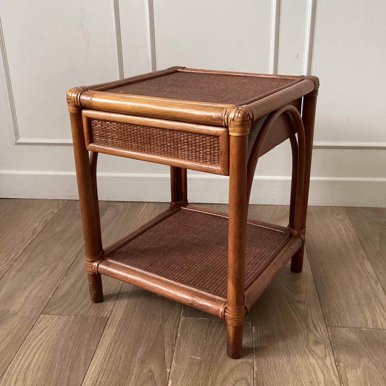 Vintage woven rattan and wicker bedside table