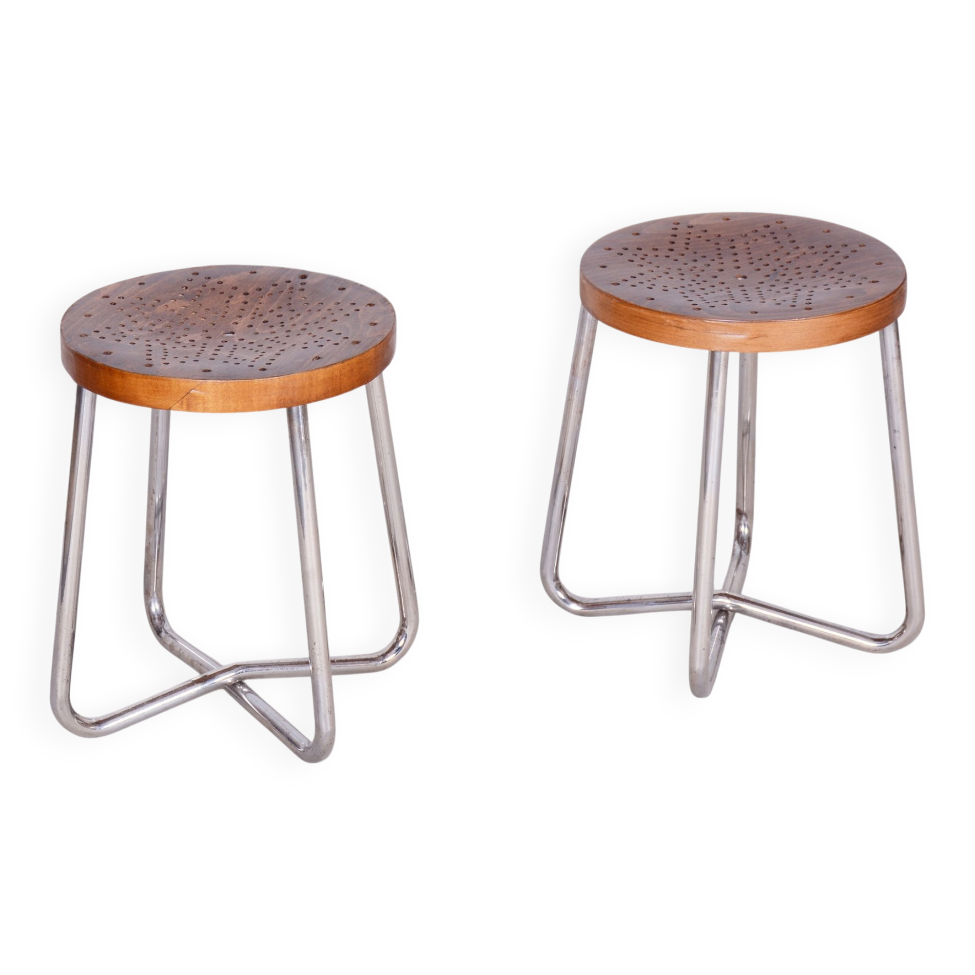 Bauhaus Stools in Chromed Steel, Beech and Plywood, Germany, 1930s, Set of 2