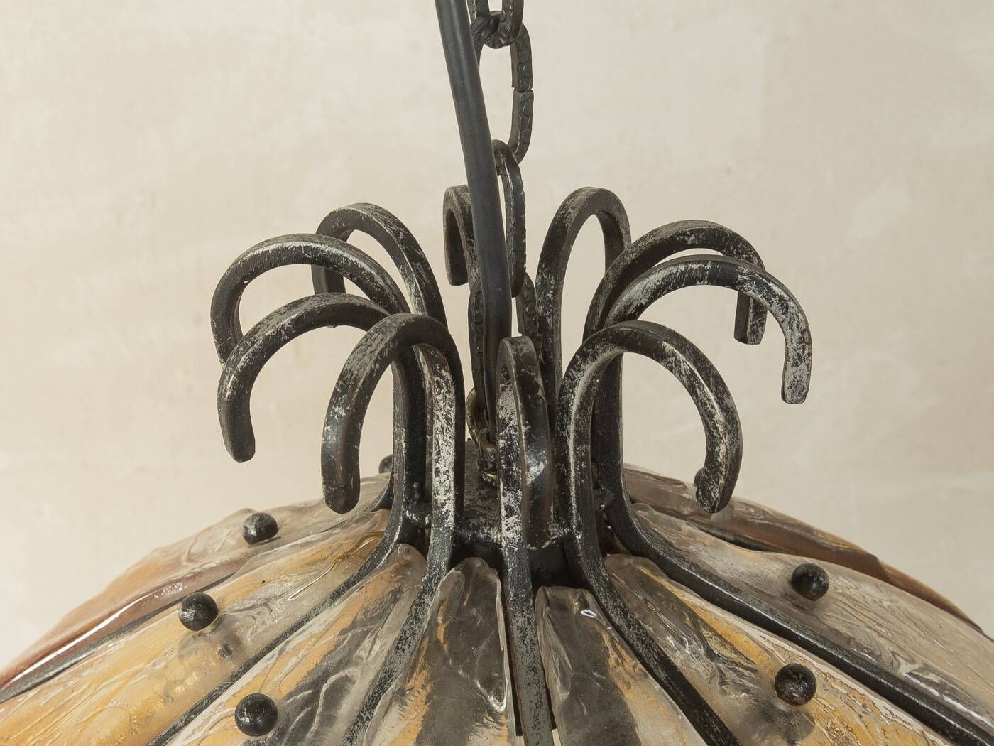 Brutalist ceiling lamp from the 1970s with orange glass shade