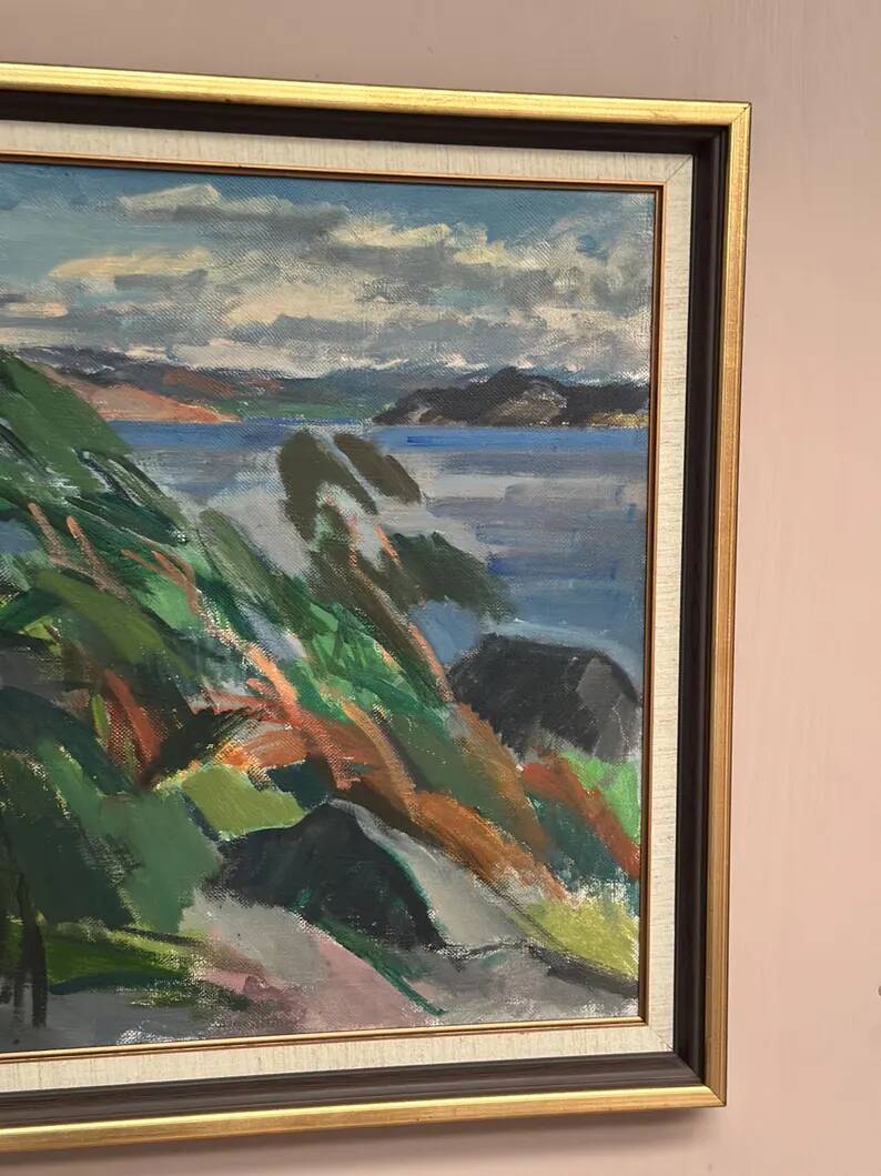 Large original Swedish oil on canvas – "Rocky Shore" – Signed – vintage and framed – 91 × 70 cm (35.8 in × 27.6 in)