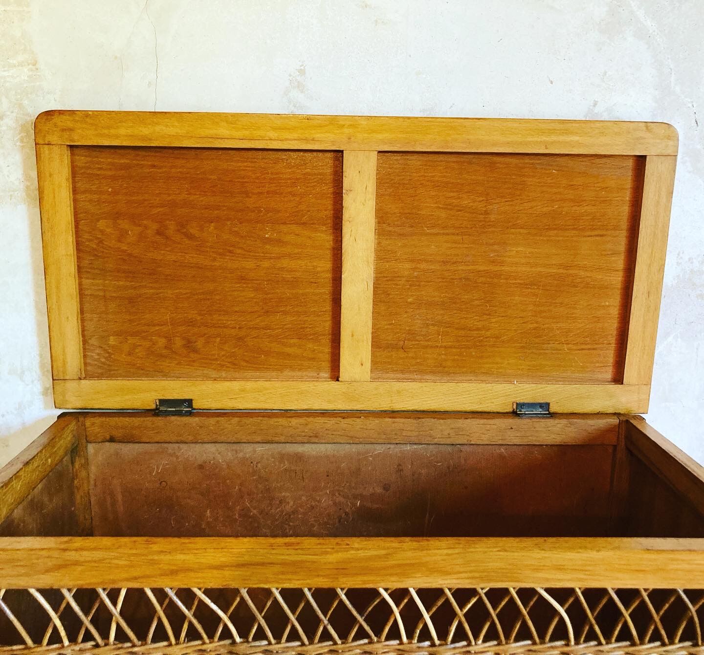 Vintage wooden and rattan toy box