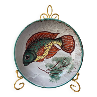 Assiette décorative creuse signée Vallauris – Fait main – Motif poisson ou