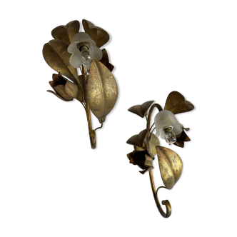 Pair of golden flower wall lights - 20th century
