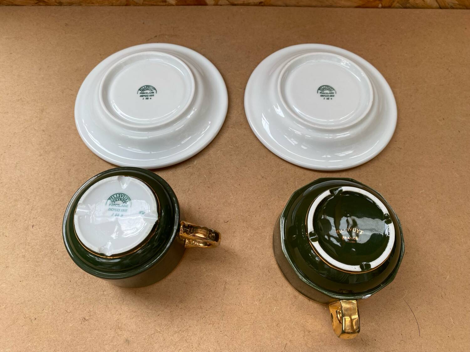 Pair of antique pillivuyt green & gold porcelain vintage cups