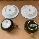 Pair of antique pillivuyt green & gold porcelain vintage cups