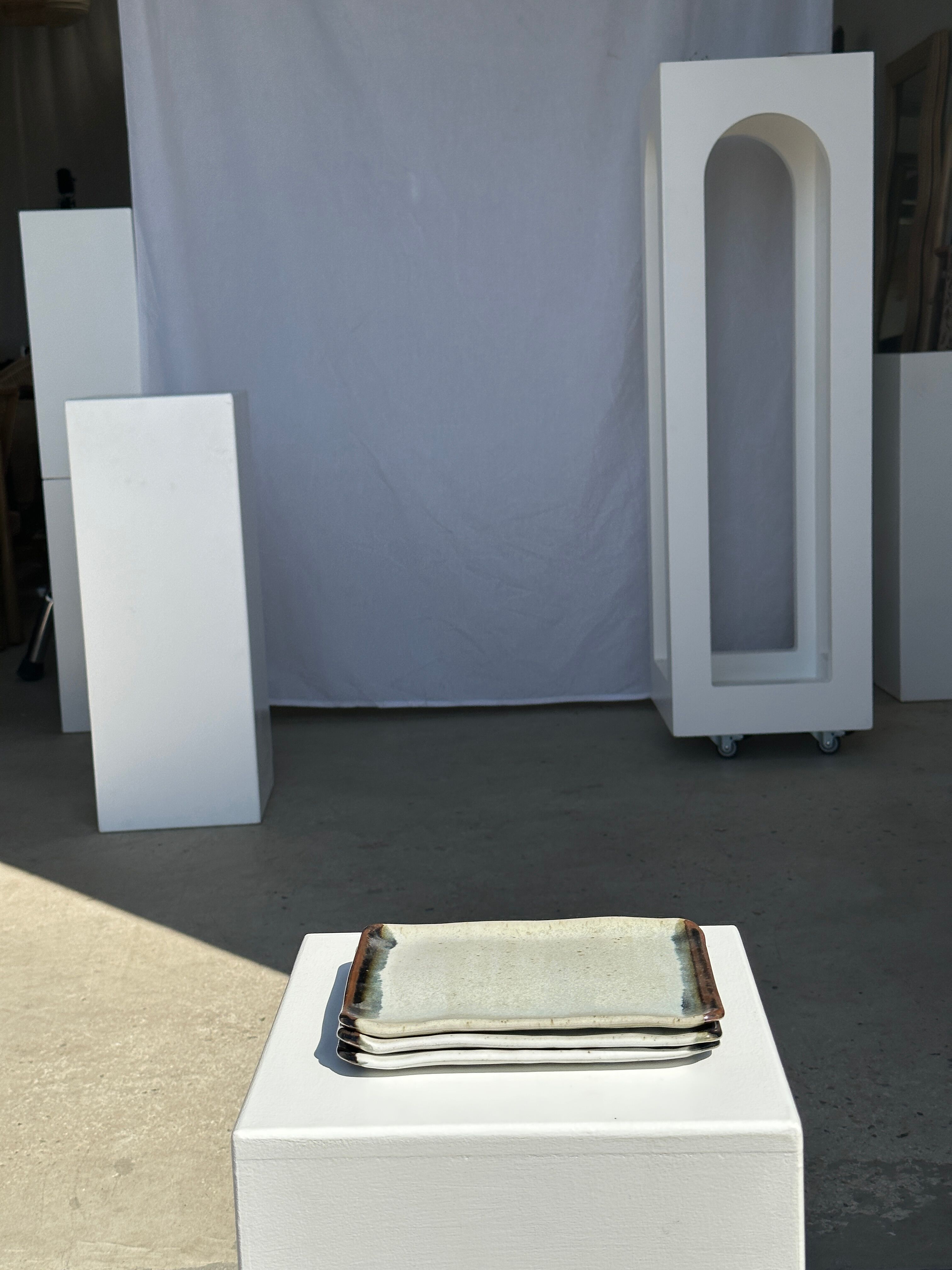 Trio of small rectangular serving dishes white and black Indonesian ceramic 21x16