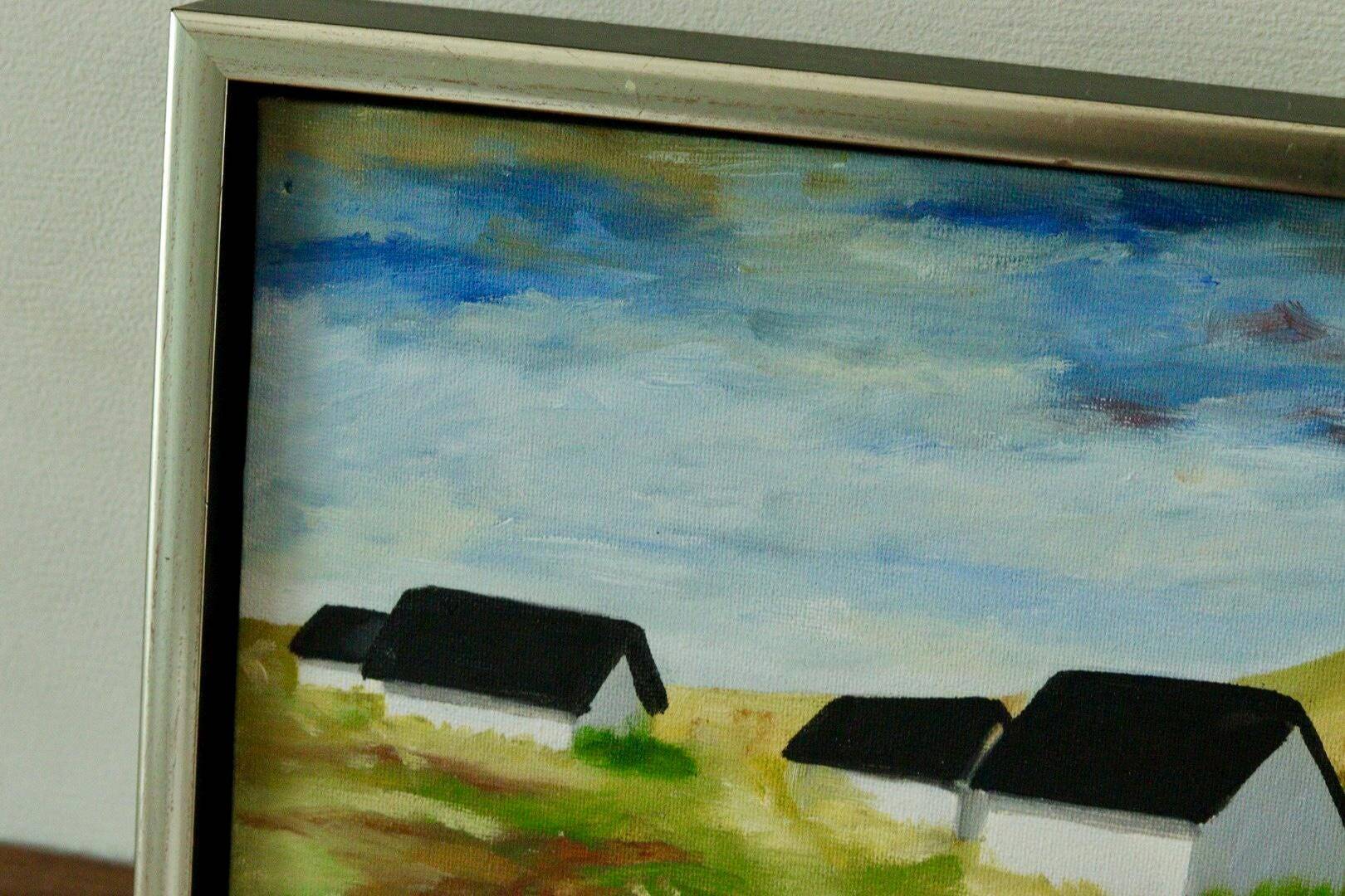 Original Swedish oil on canvas from the mid-century "Houses" - Vintage and framed