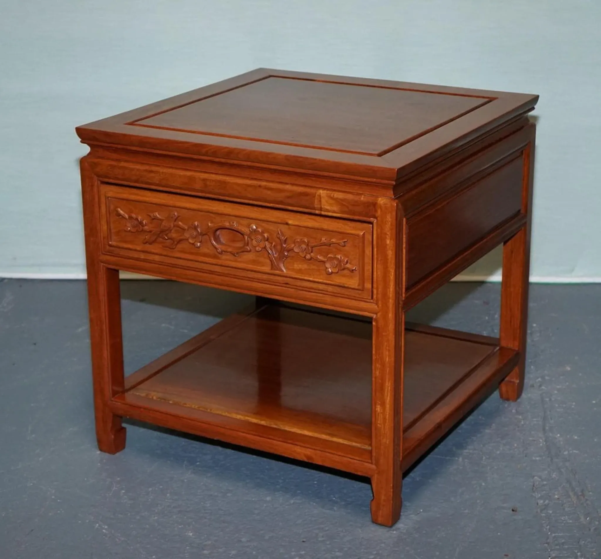 Vintage Oriental Teak Bedside Table with Drawer and Shelf, China