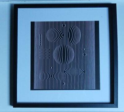 Vintage optical art tableau – black and white linear composition – frame 40x40cm