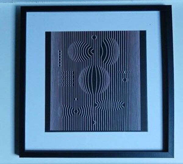 Tableau vintage art optique – composition linéaire noir et blanc – cadre 40x40cm