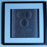 Vintage optical art tableau – black and white linear composition – frame 40x40cm