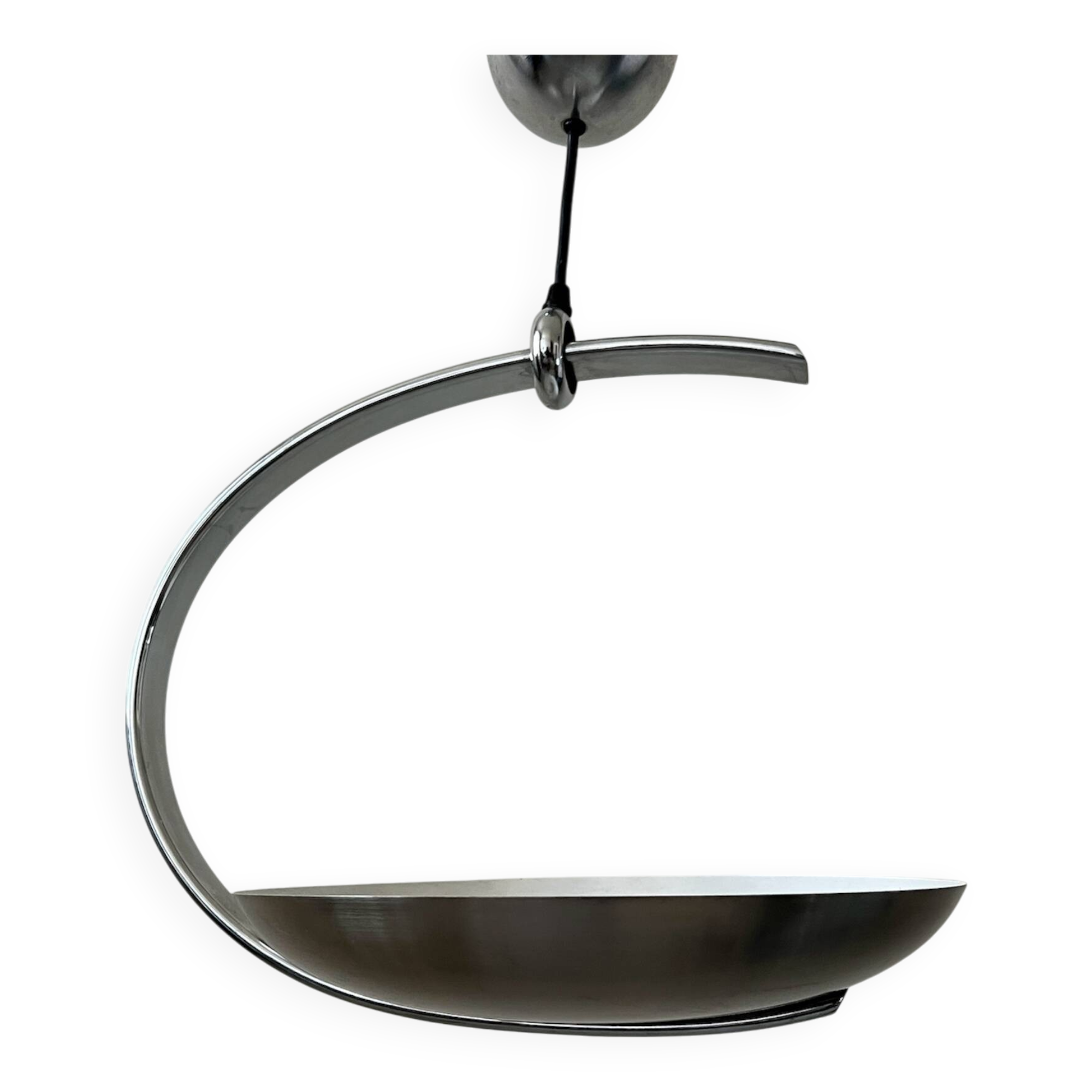 "Les Actuelles" chrome metal arc design pendant light by Lucien Gau, Paris 1960