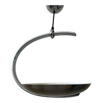 "Les Actuelles" chrome metal arc design pendant light by Lucien Gau, Paris 1960