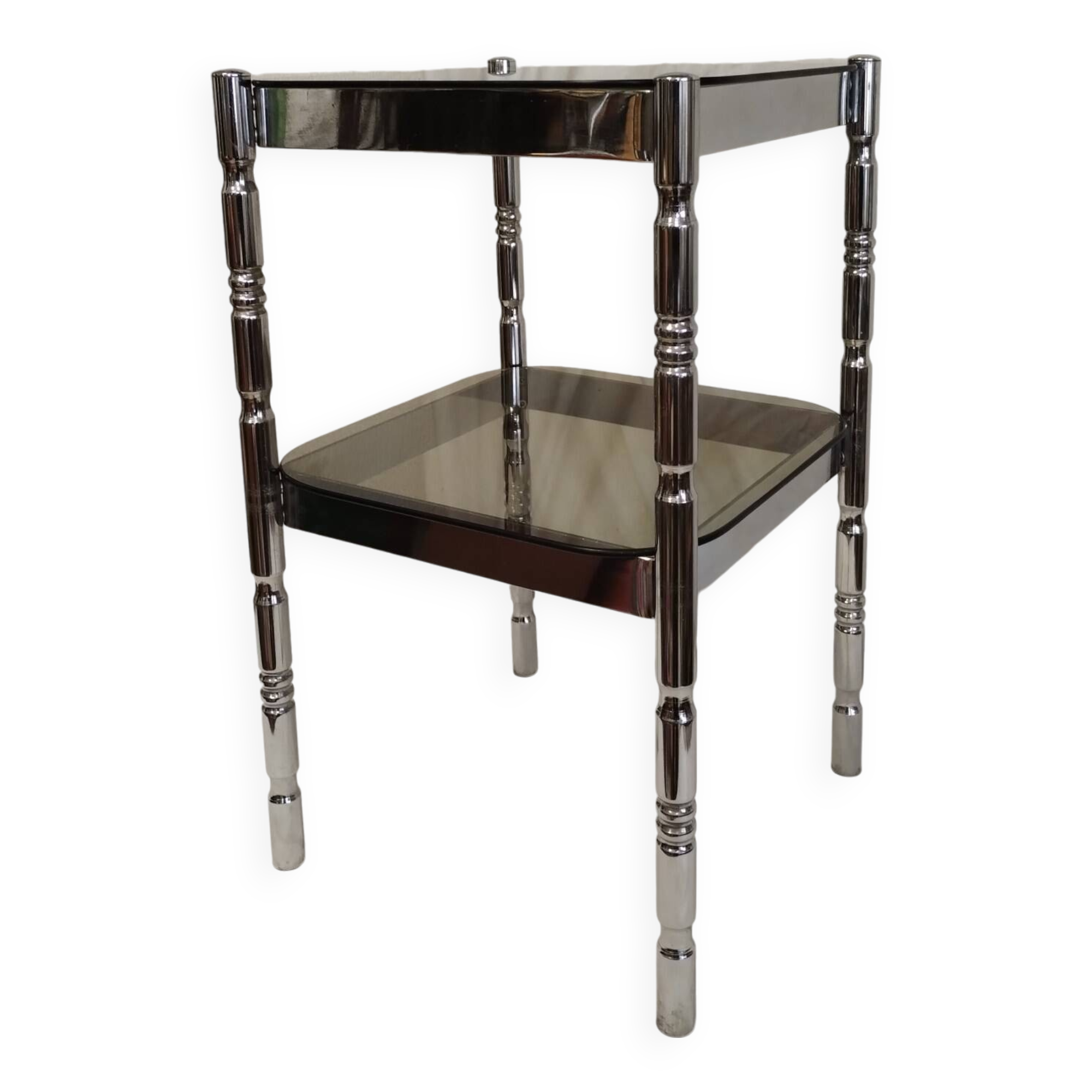 Bedside or side table in chromed steel with green smoked glass from the 70s