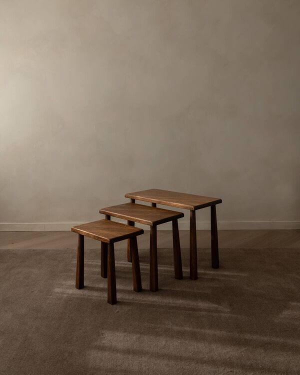 Tables d'appoint en chêne vintage (ensemble de 3) – Tables latérales rustiques modernistes, années 1970