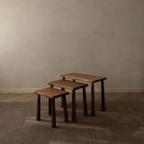 Vintage Oak Nesting Tables (Set of 3) – Rustic Modernist Side Tables, 1970s