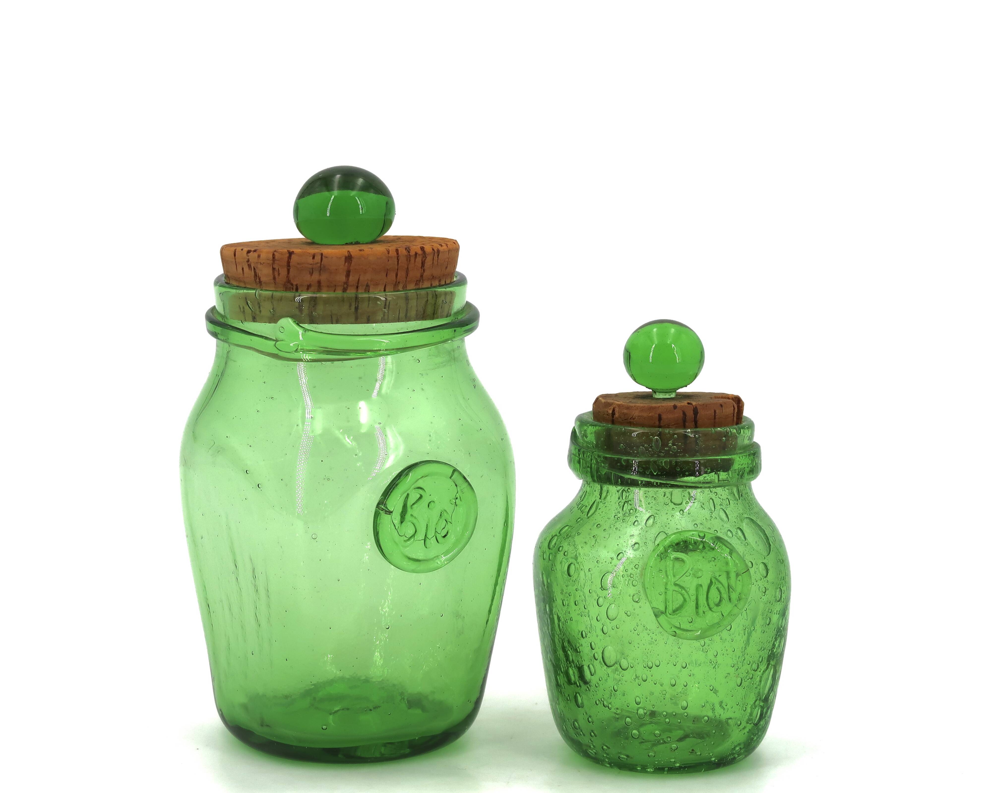 Two green bubble glass sweet jars from Biot, 1960s.