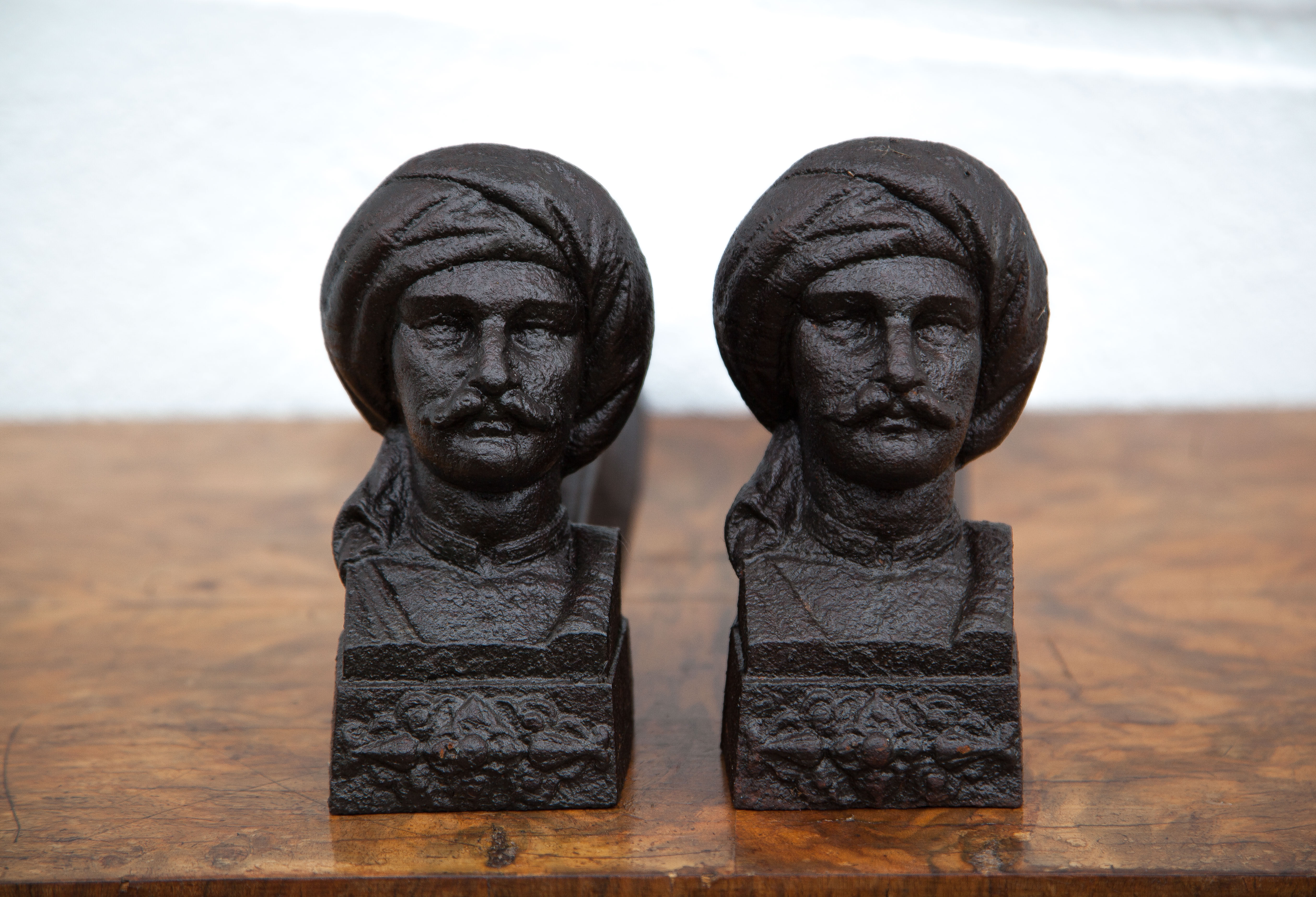 Vintage fireplace chenets, cast-cast chenets with oriental character