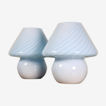 2 Murano Glass Table Lamps, Mushroom Design, baby blue, Swirl, 1970s