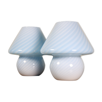 2 Murano Glass Table Lamps, Mushroom Design, baby blue, Swirl, 1970s