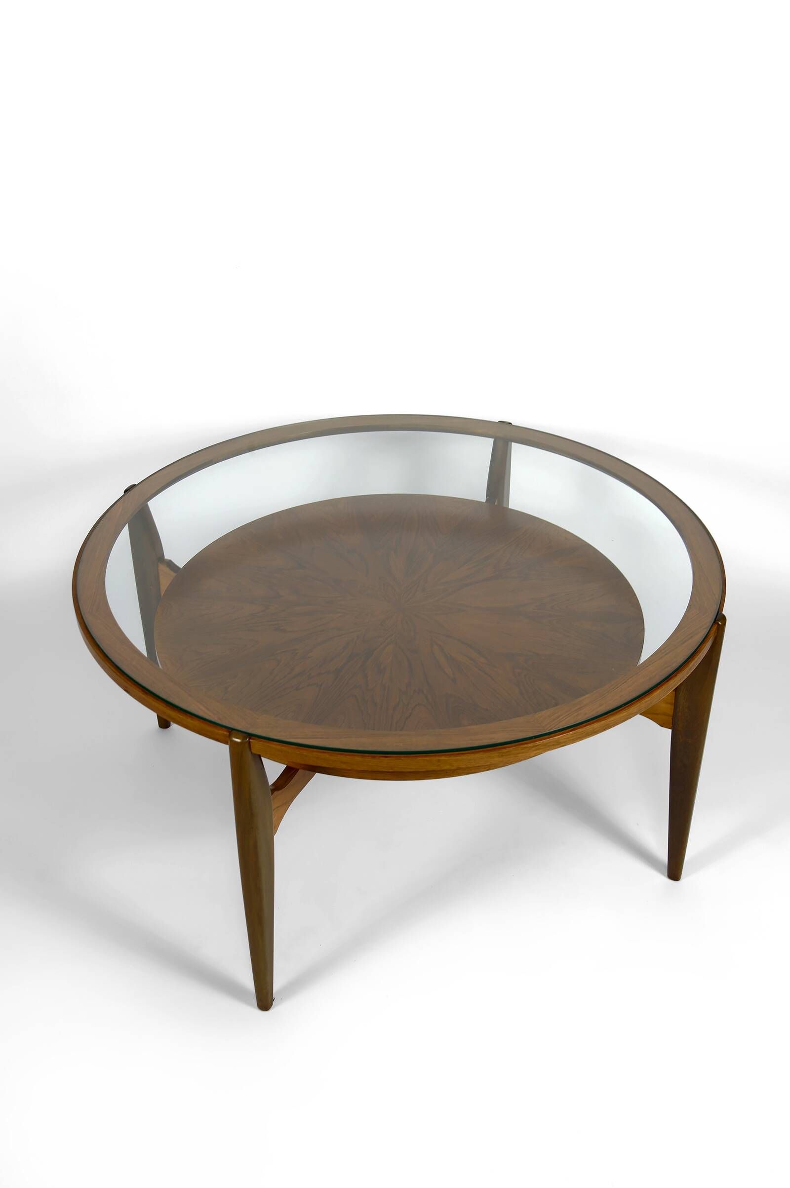 Important modern Scandinavian style coffee table, walnut / glass – c. 1960