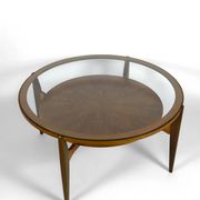 Important modern Scandinavian style coffee table, walnut / glass – c. 1960