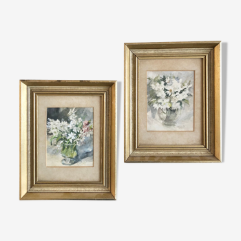 Pair of old English watercolours depicting bouquets of flowers