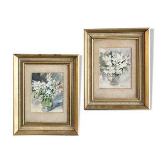 Pair of old English watercolours depicting bouquets of flowers