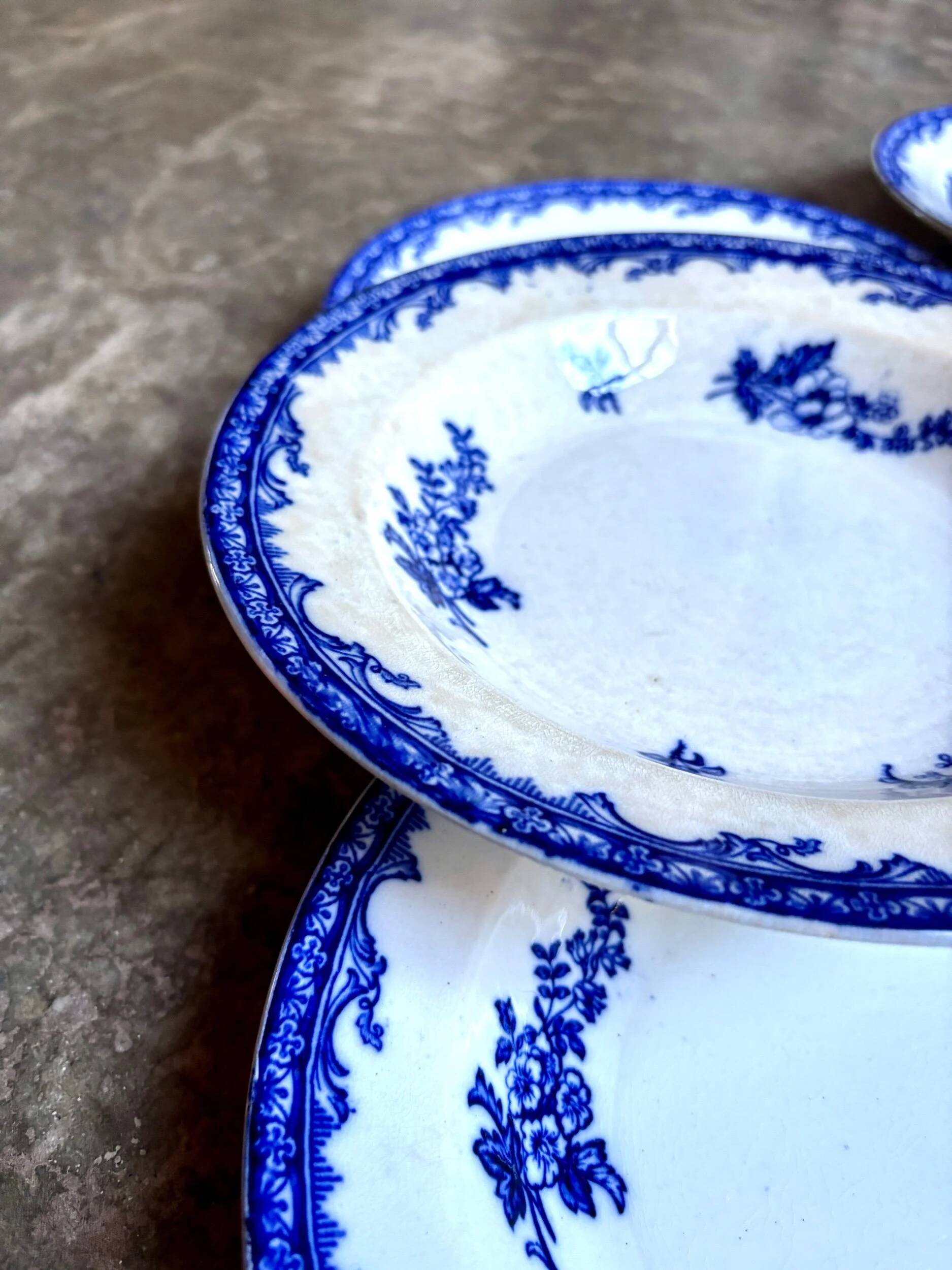 6 Staffordshire blue ironstone soup plates