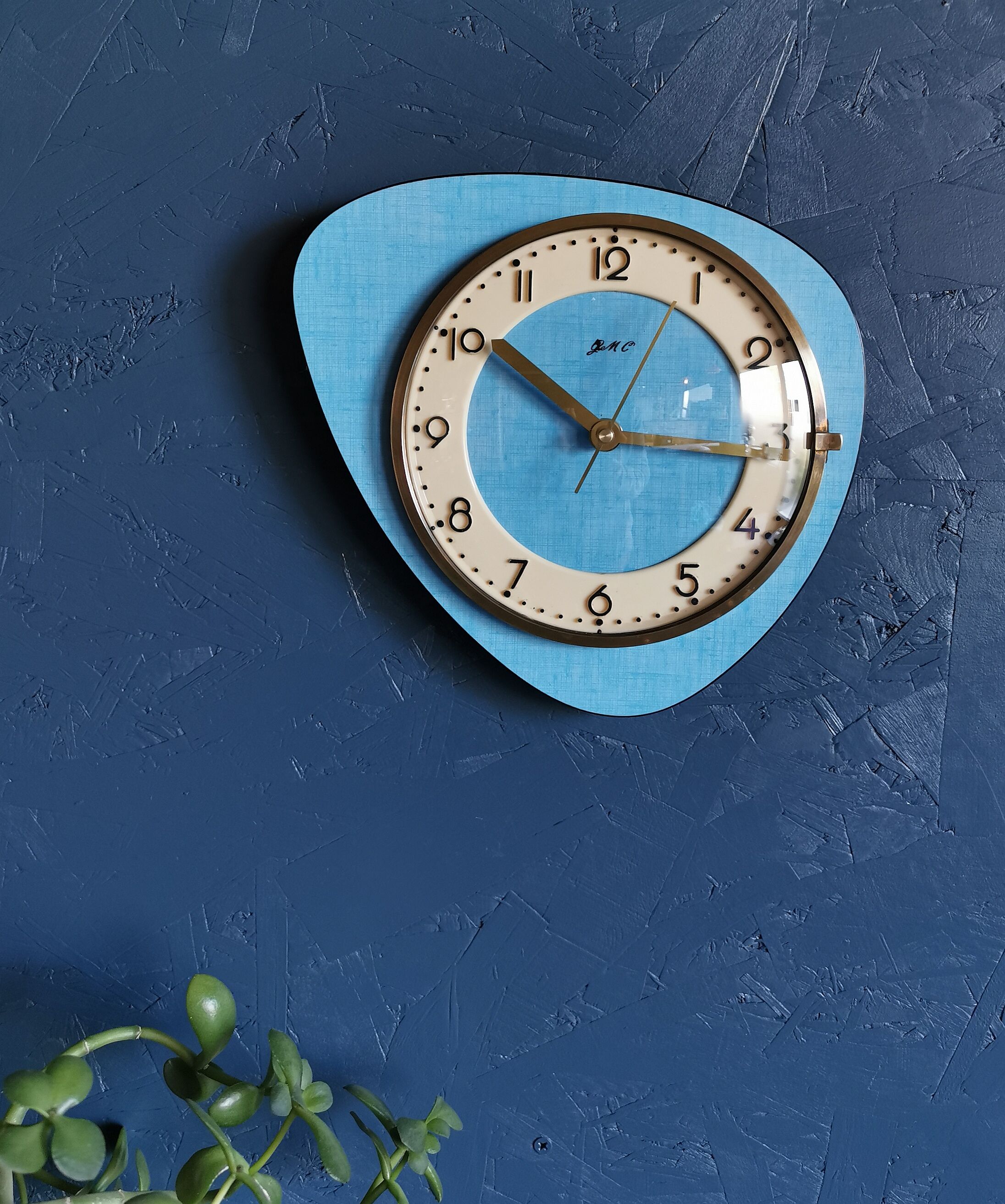 Vintage formica clock asymmetrical silent wall clock "GC celestial blue"
