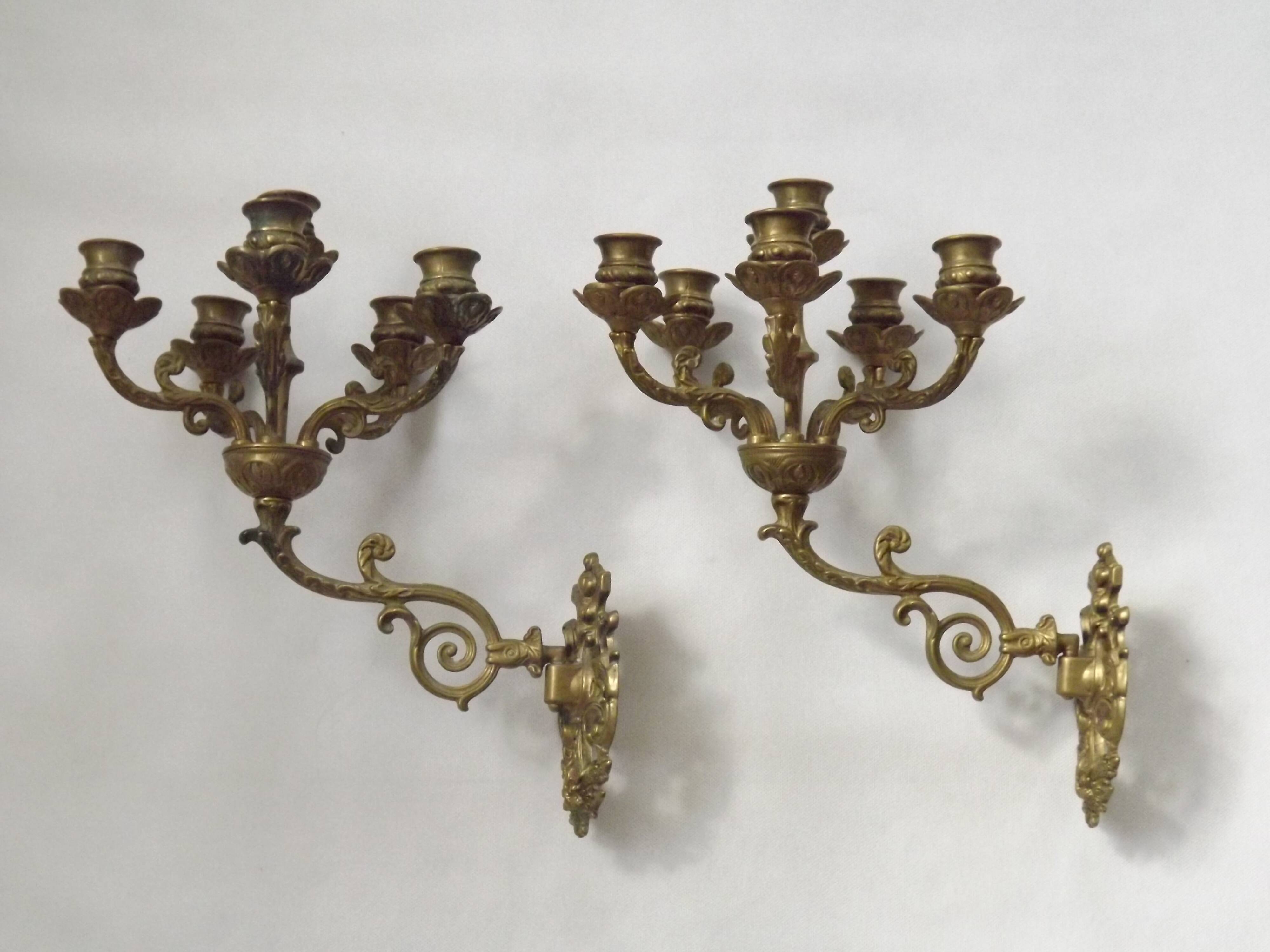 Pair Early 20th Century Rococo Revival Brass 5 Light Candle Wall Sconces