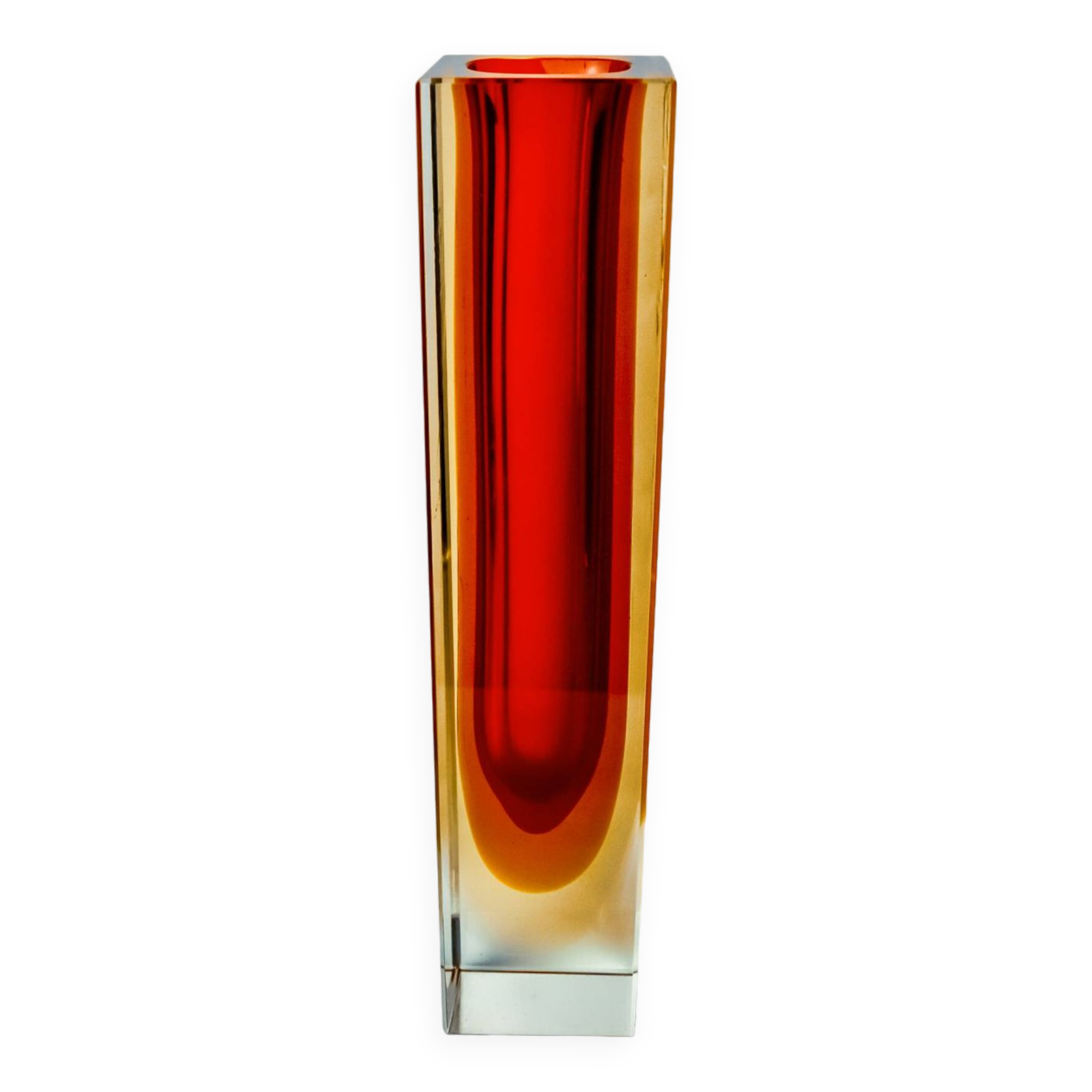 Red and yellow cubic Sommerso vase by Flavio Poli for Seguso, Murano, Italy, 1970