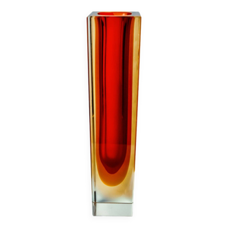 Vase Sommerso cubique rouge et jaune par Flavio Poli pour Seguso, Murano, Italie, 1970