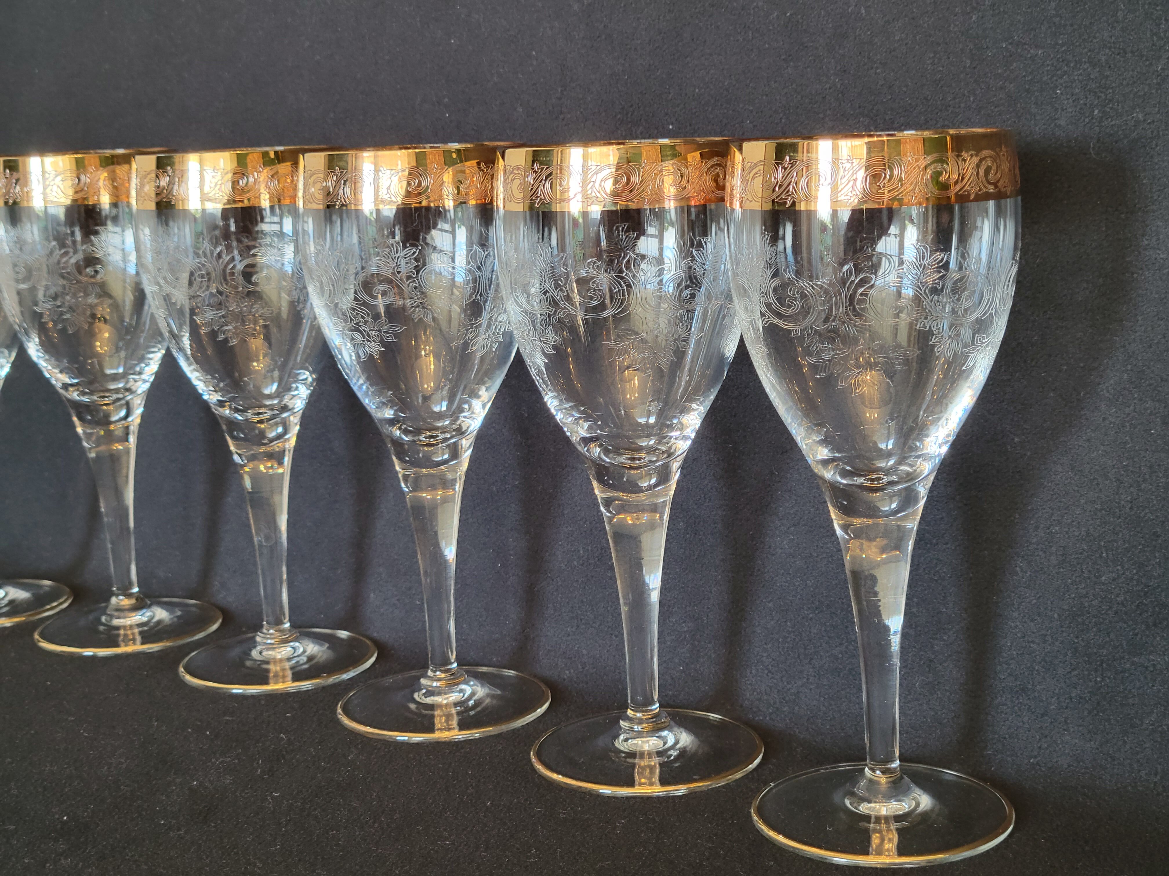 6 old wine glasses in engraved crystal and gold