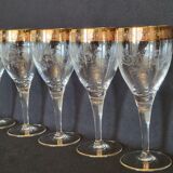6 old wine glasses in engraved crystal and gold