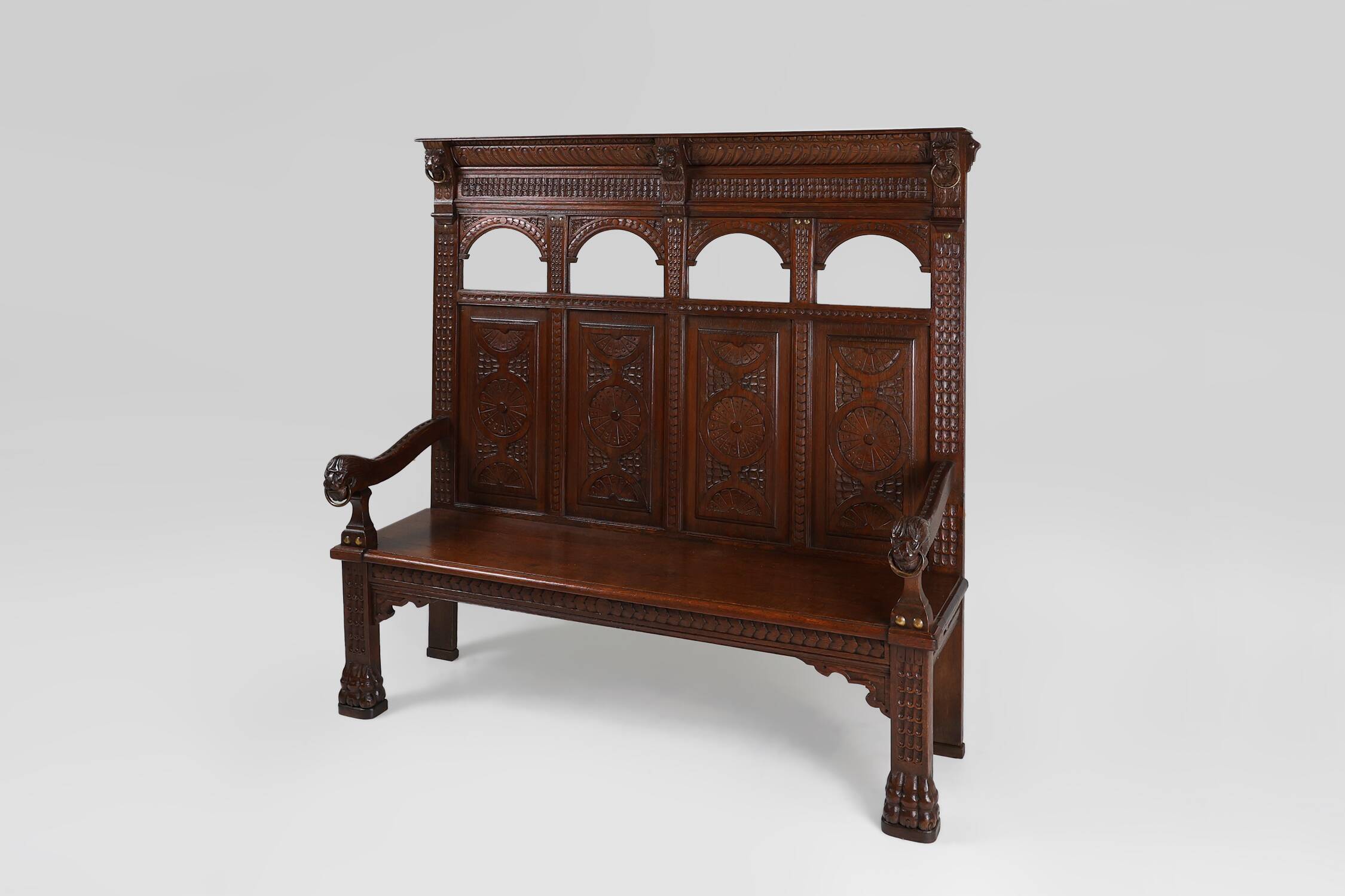 Antique French 18th Century Gothic Style Oak Carved High Back Panel Settle