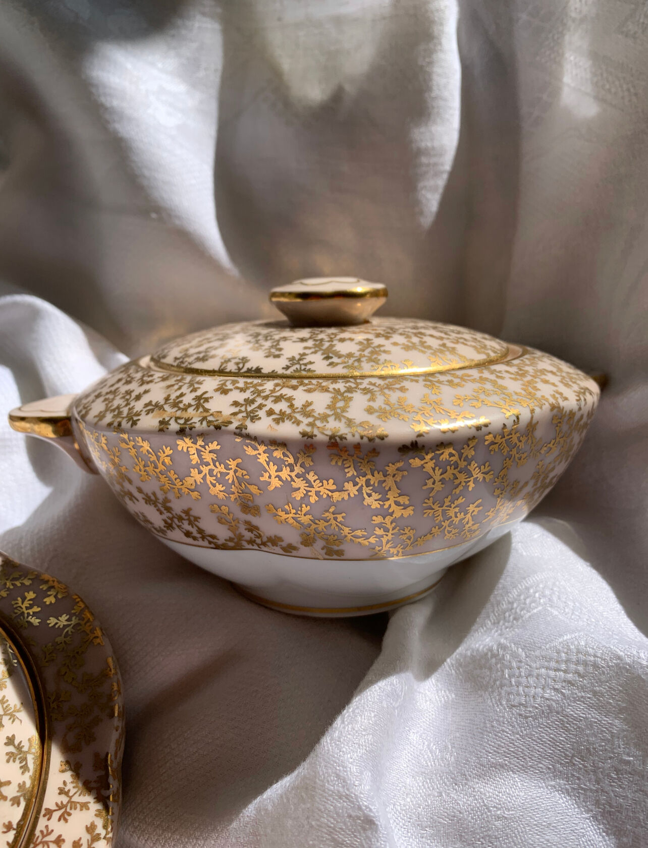 Pink and golden teapot and sugar bowl Limoges Charles Ahrenfeld