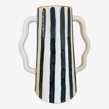 Blue-grey striped ceramic vase with abstract handmade wavy handheld