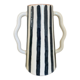 Blue-grey striped ceramic vase with abstract handmade wavy handheld