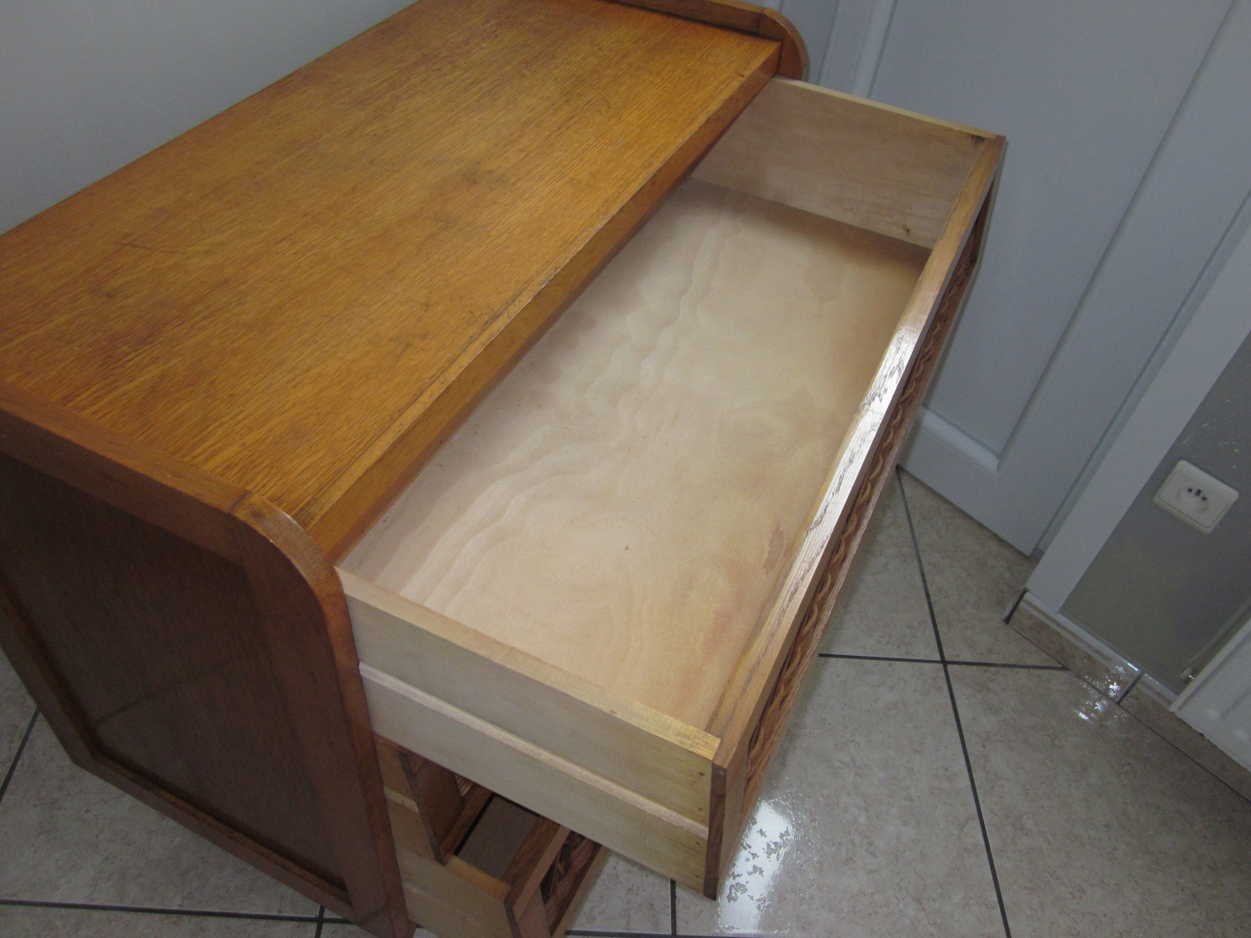 Vintage wood and rattan dresser
