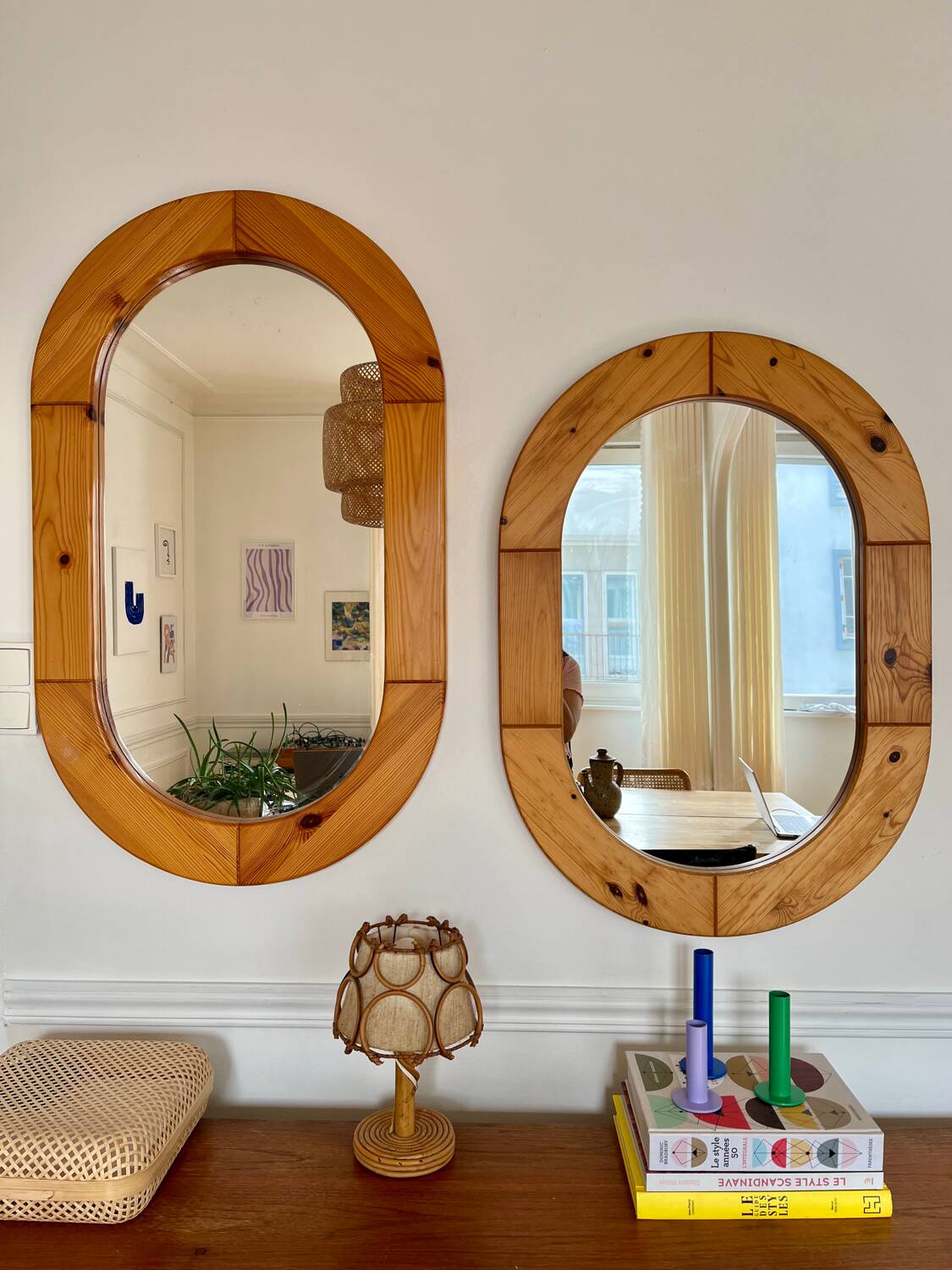 Oval mirror in solid pine vintage 70