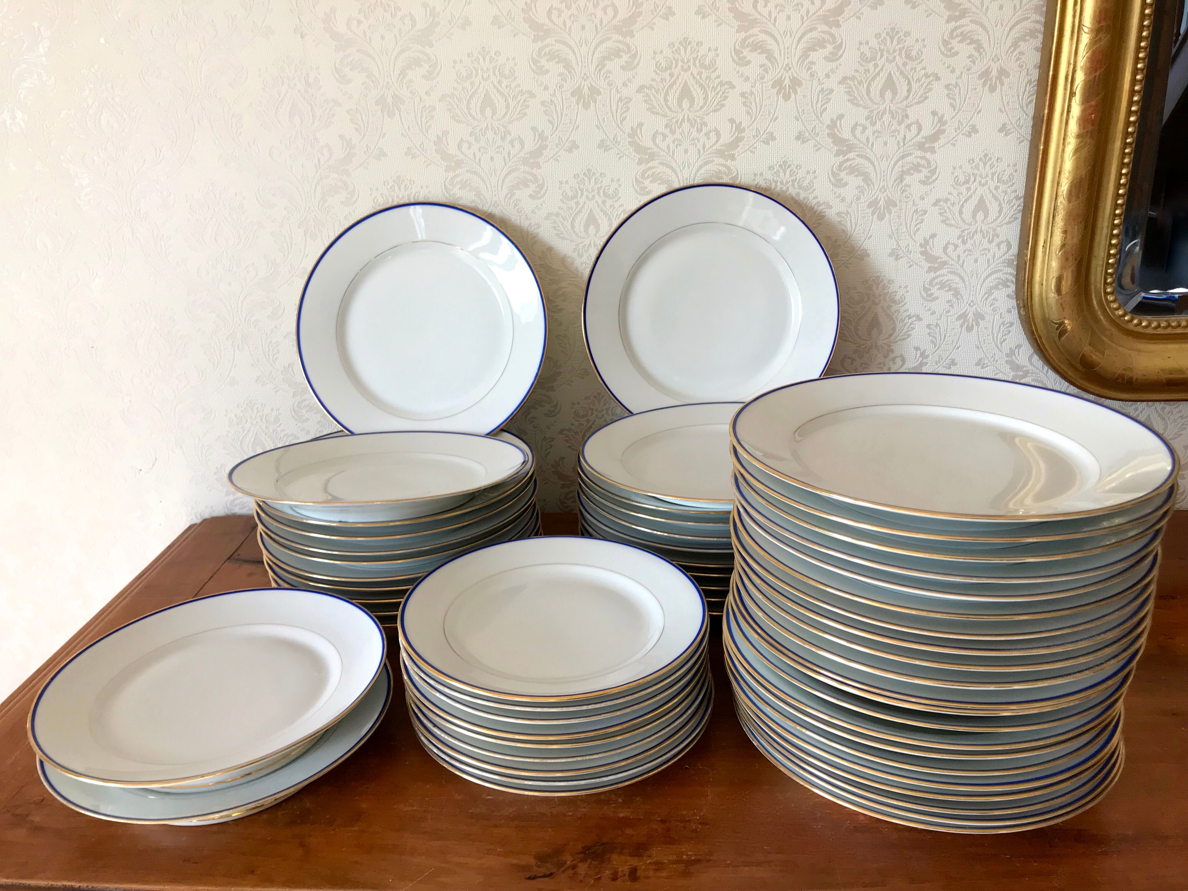 table service art deco limoges porcelain white border blue and gold 61 pieces signed