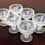 6 footed ice cream bowls, ribbed transparent glass, Made in France.