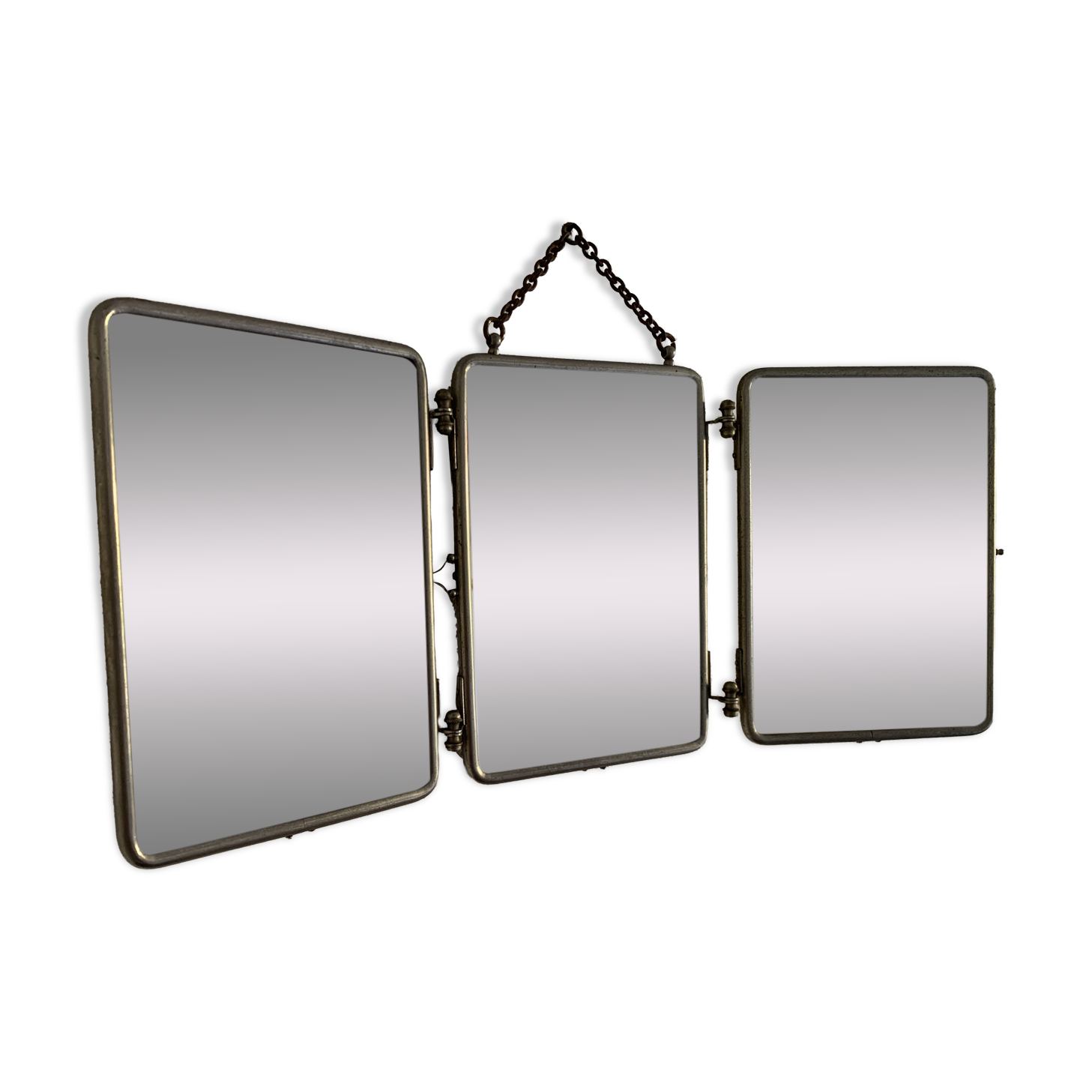 Miroir vintage 1910 triptyque barbier fleur de lys doré - 22 x 50 cm