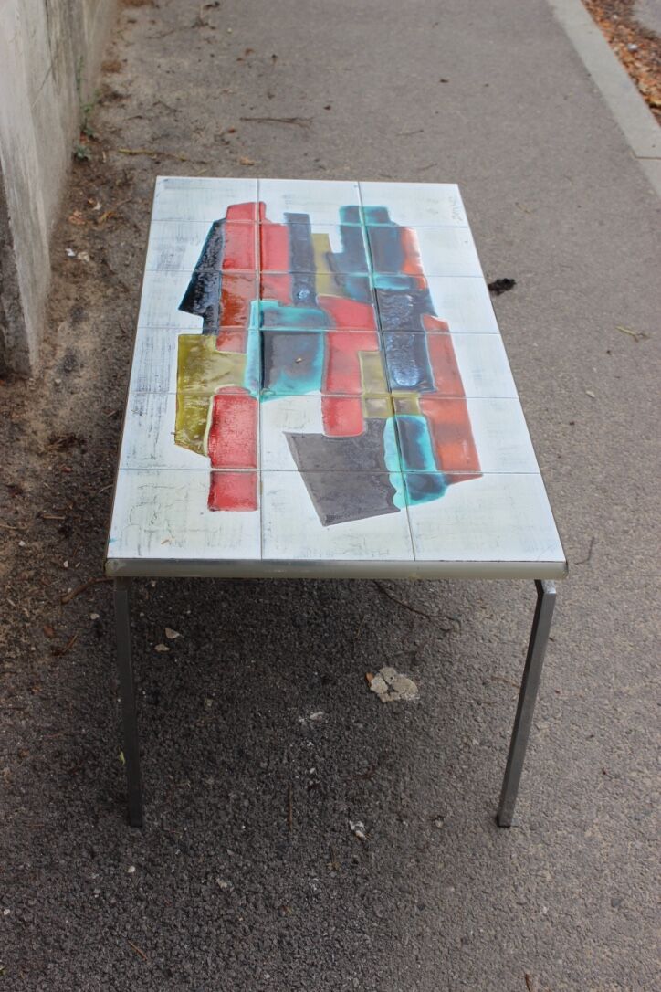 Vintage chrome coffee table and ceramic abstract drawing by Denisco, Belgium, 1970s