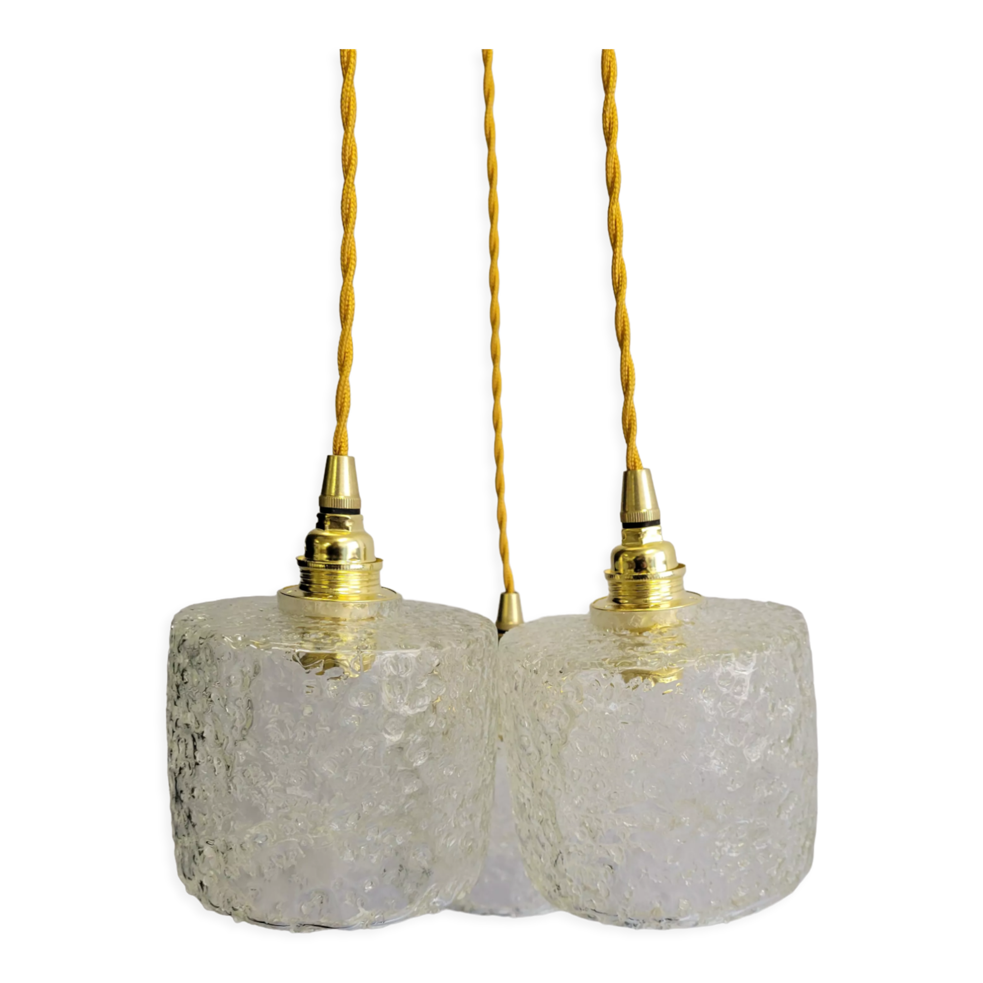 Trio of scrambled glass pendant lamps