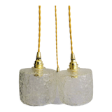 Trio of scrambled glass pendant lamps
